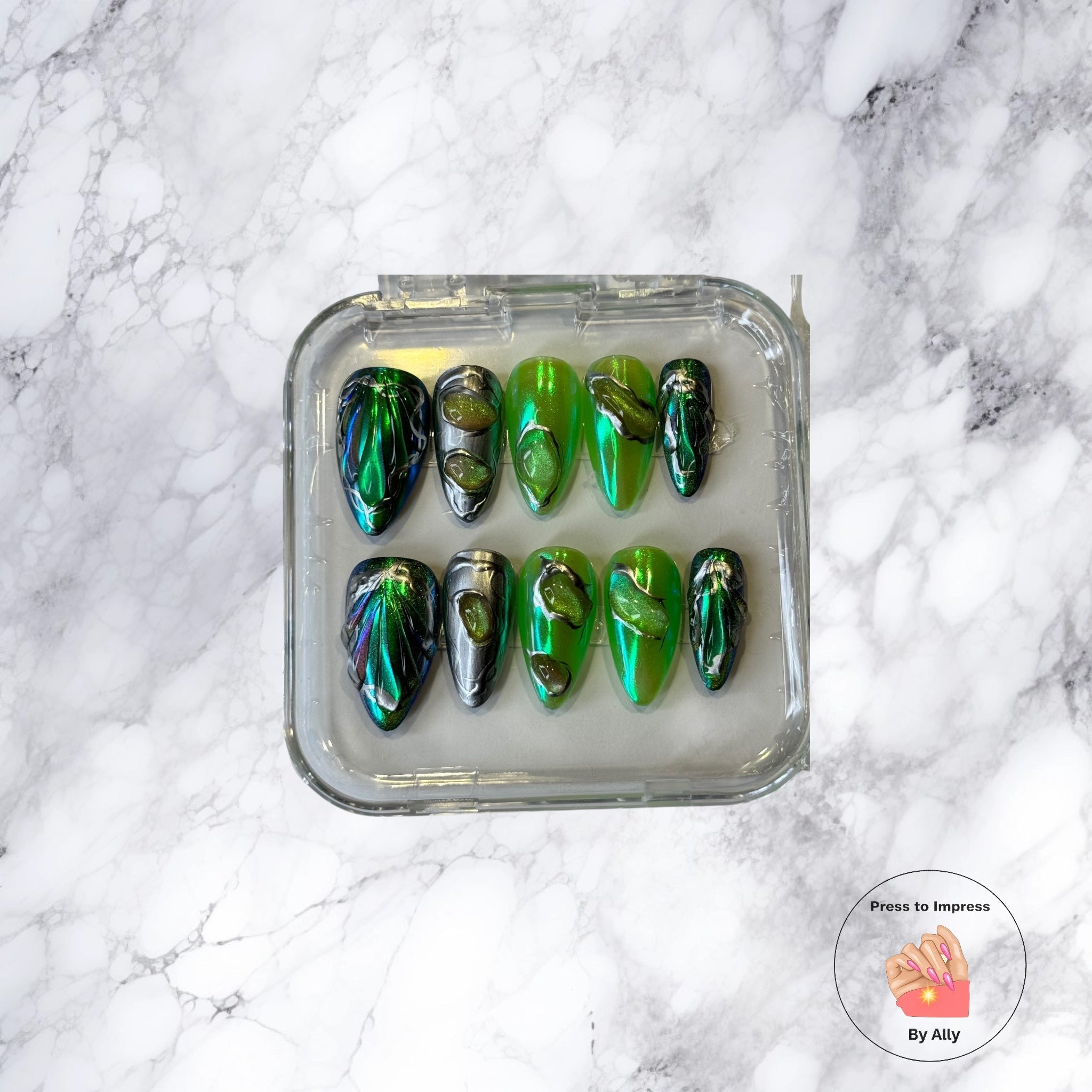 ✨ Emerald Galaxy Chrome Nails Press to impress