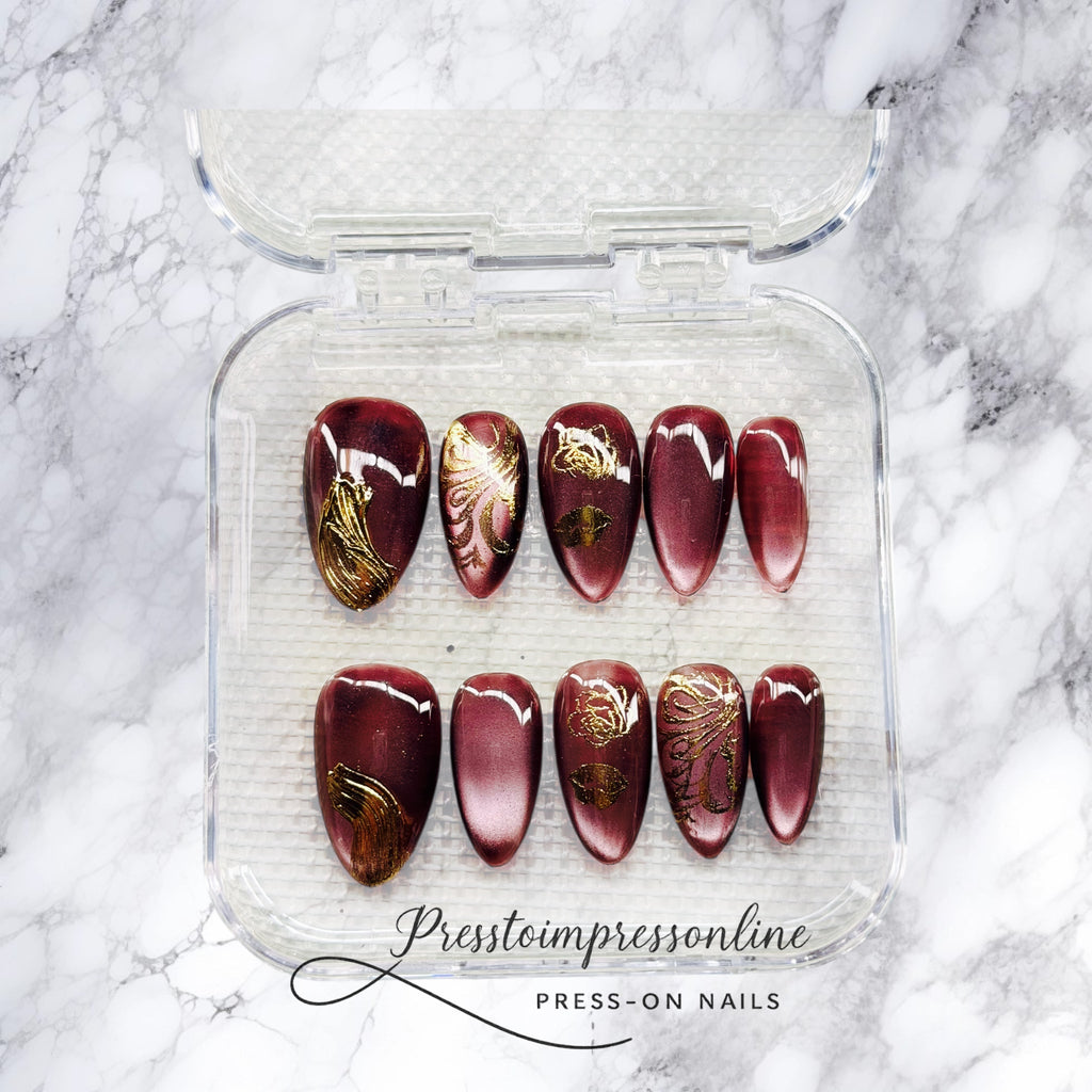 Burgundy Gilded – Luxury Wine Press-On Nails with Gold Art