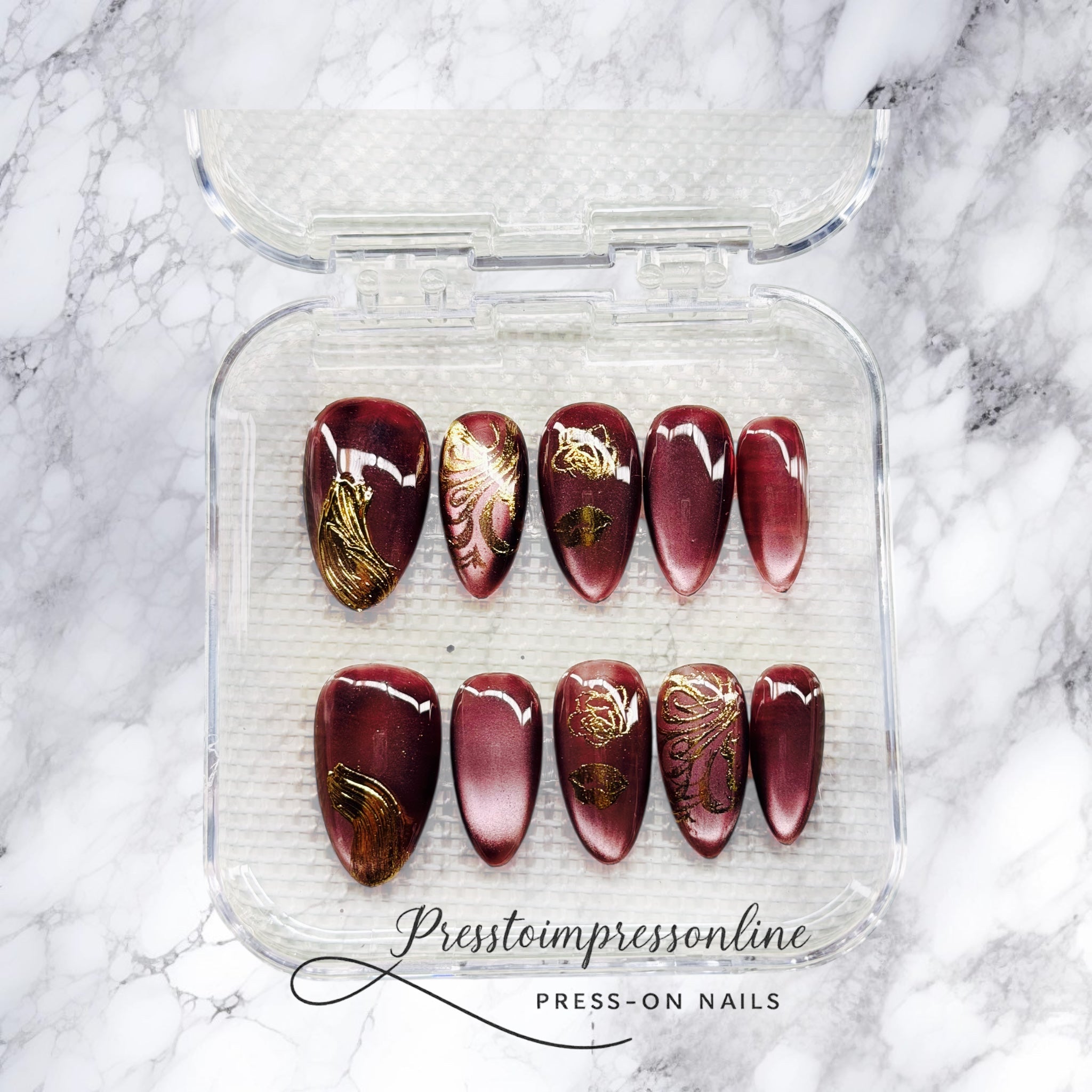 Burgundy Gilded – Luxury Wine Press-On Nails with Gold Art