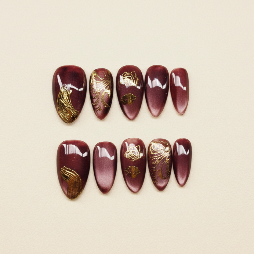 Burgundy Gilded – Luxury Wine Press-On Nails with Gold Art