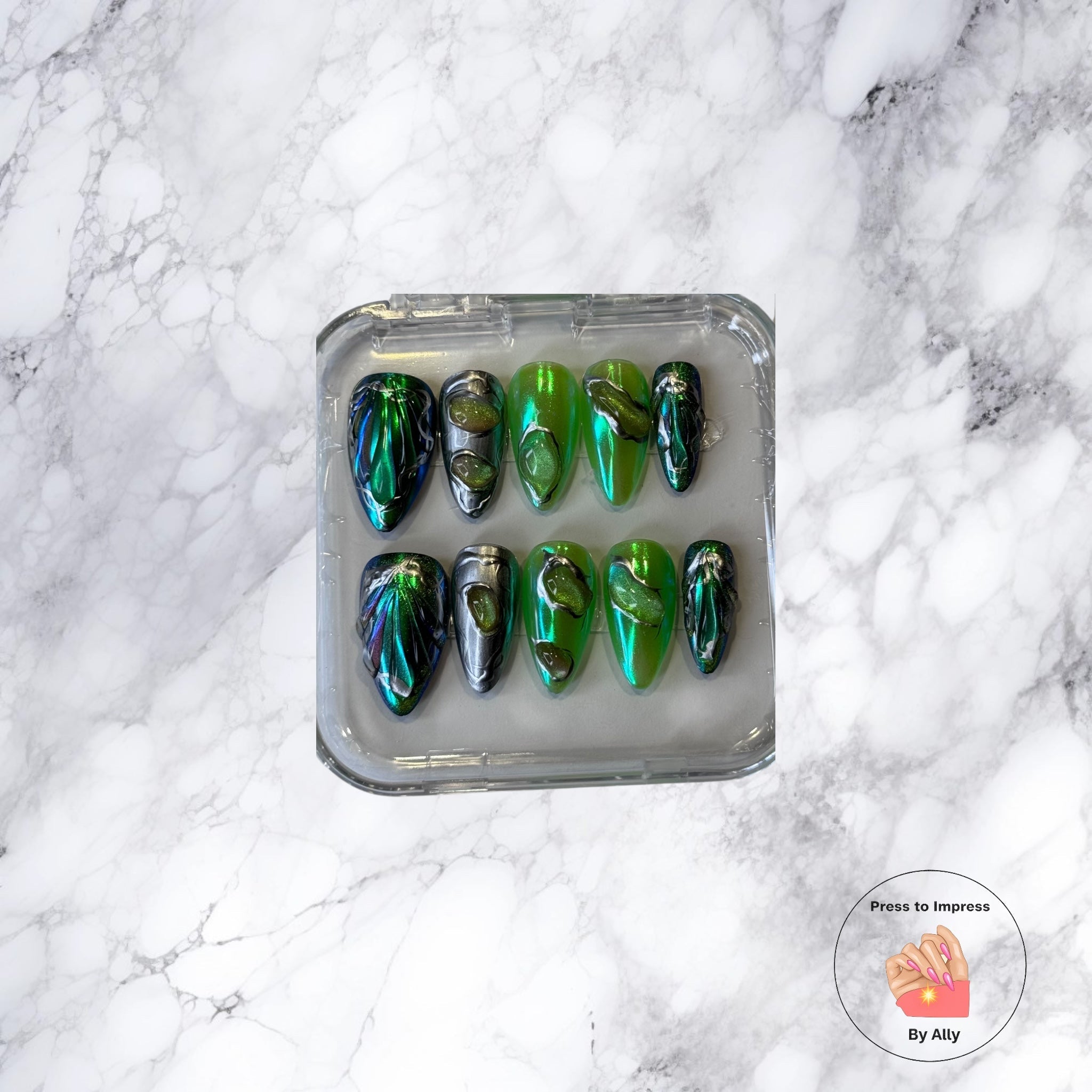 ✨ Emerald Galaxy Chrome Nails Press to impress