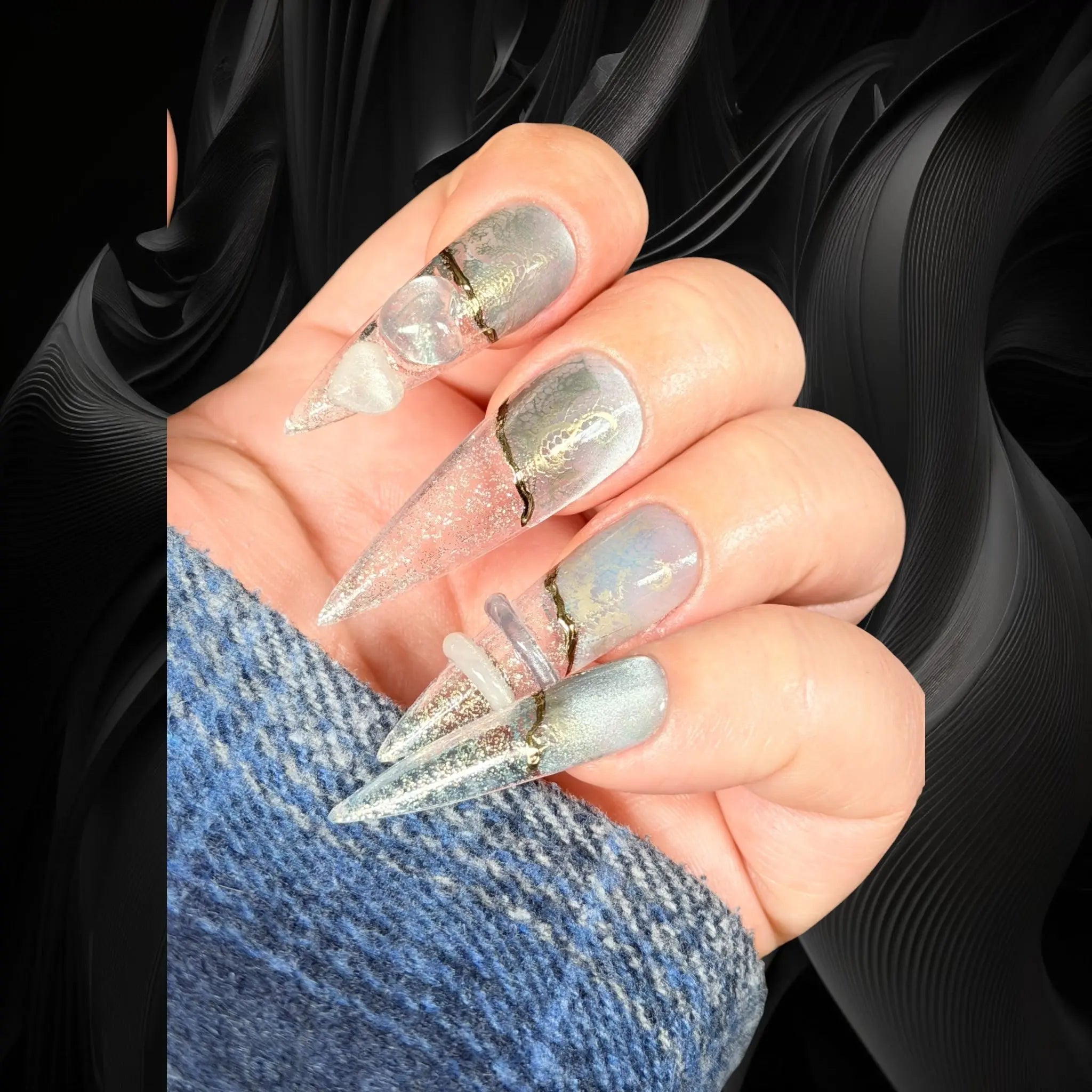 Celestial Shift – Cat Eye & Chrome Lace 3D Luxury Press-On Nails