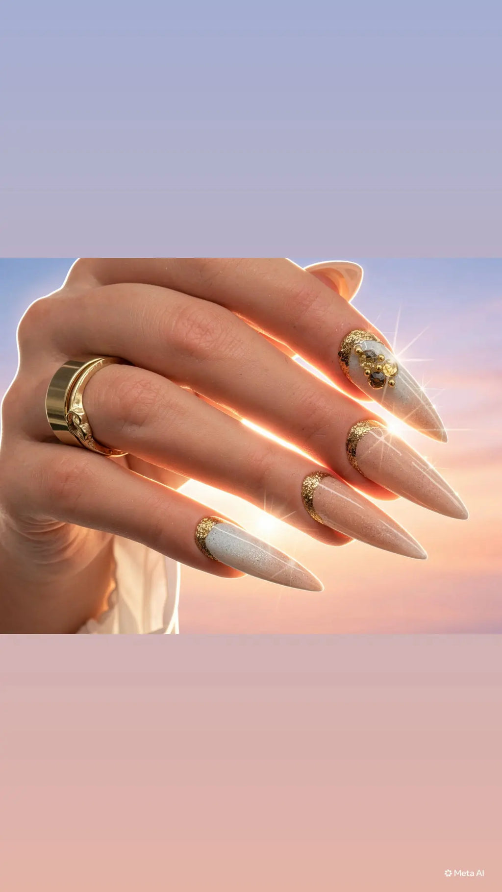 Luxury handmade champagne shimmer press-on nails with pearlescent ivory accents, gold glitter French tips, and gold embellishments from the Antigua At Sunset Collection.