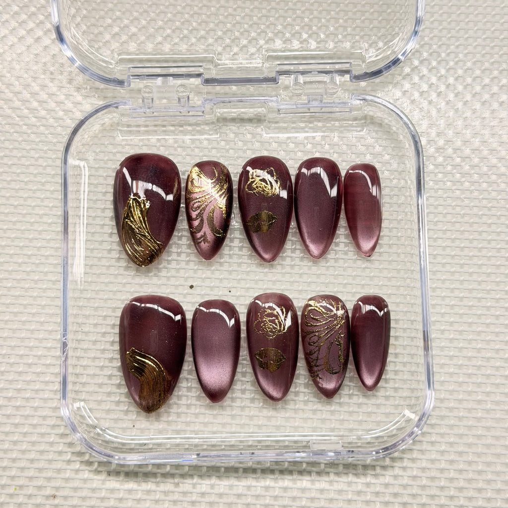 Burgundy Gilded – Luxury Wine Press-On Nails with Gold Art