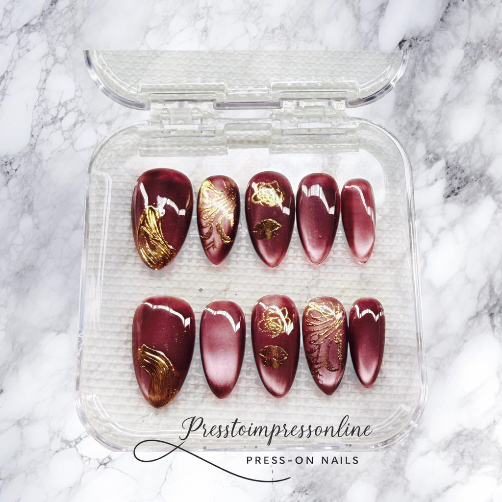 Burgundy Gilded – Luxury Wine Press-On Nails with Gold Art