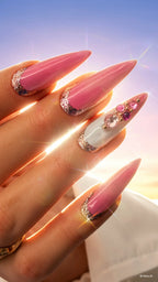 Luxury handmade pink pearlescent press-on nails with silver glitter accents and crystal embellishments from the Barbados At Sunset Collection.