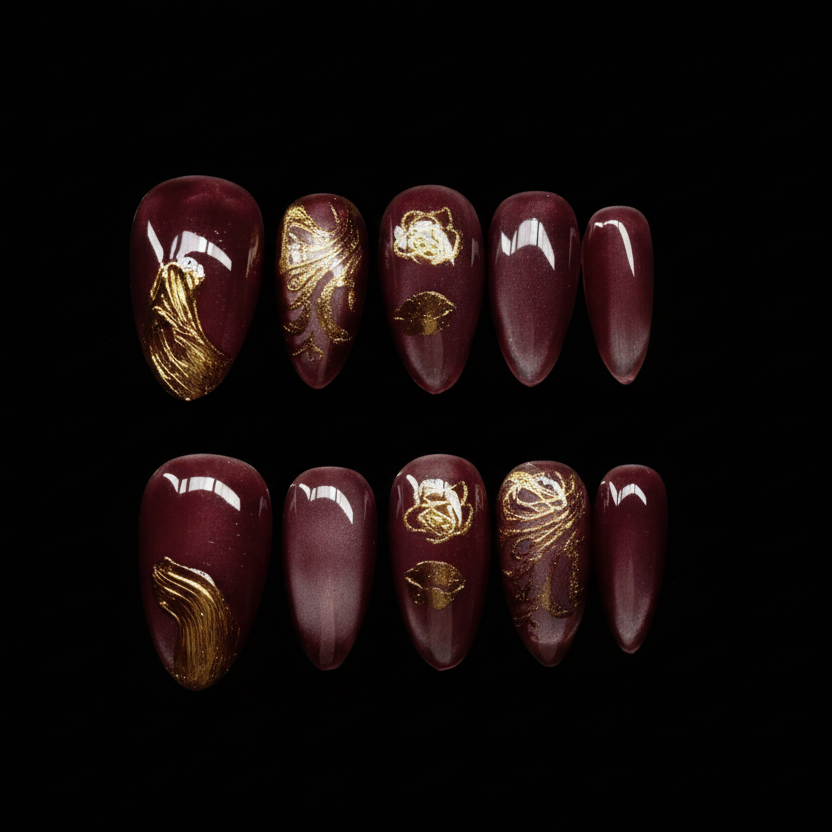 Burgundy Gilded – Luxury Wine Press-On Nails with Gold Art