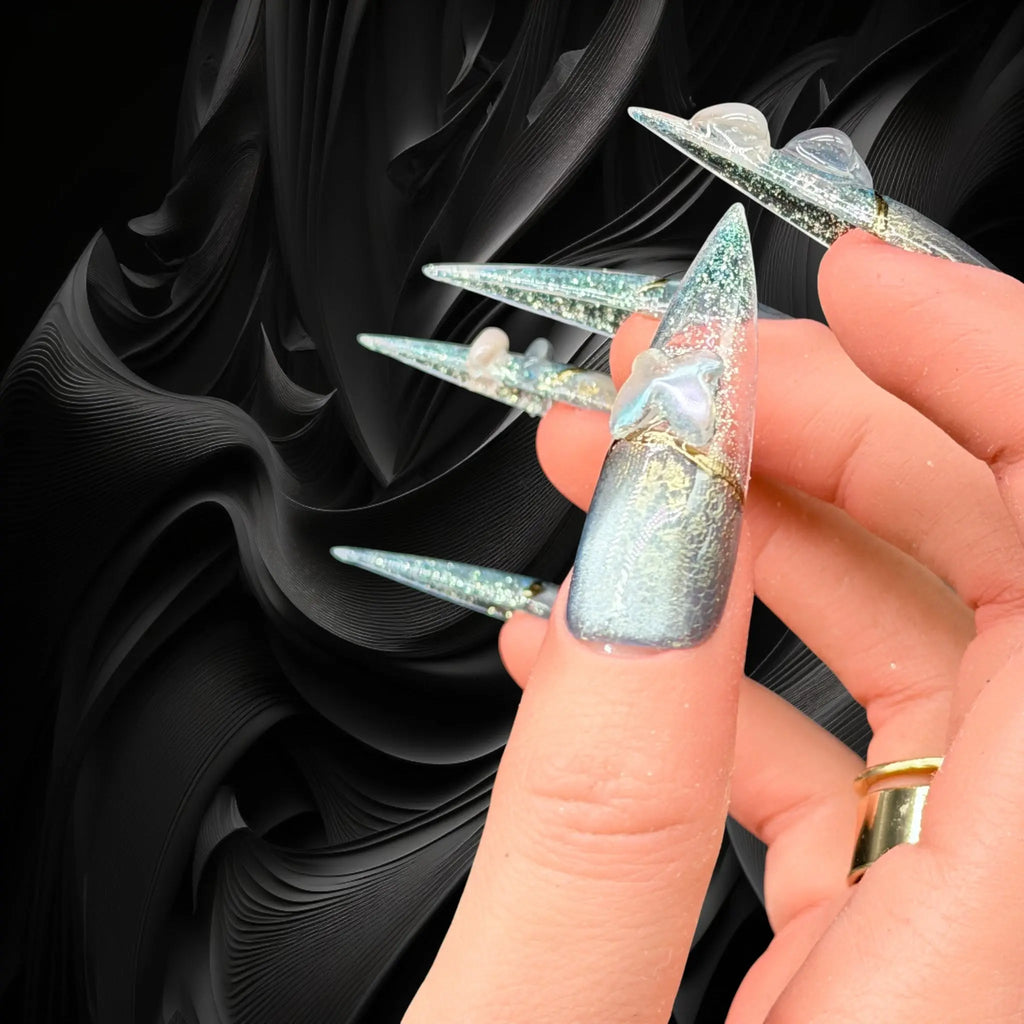 Celestial Shift – Cat Eye & Chrome Lace 3D Luxury Press-On Nails