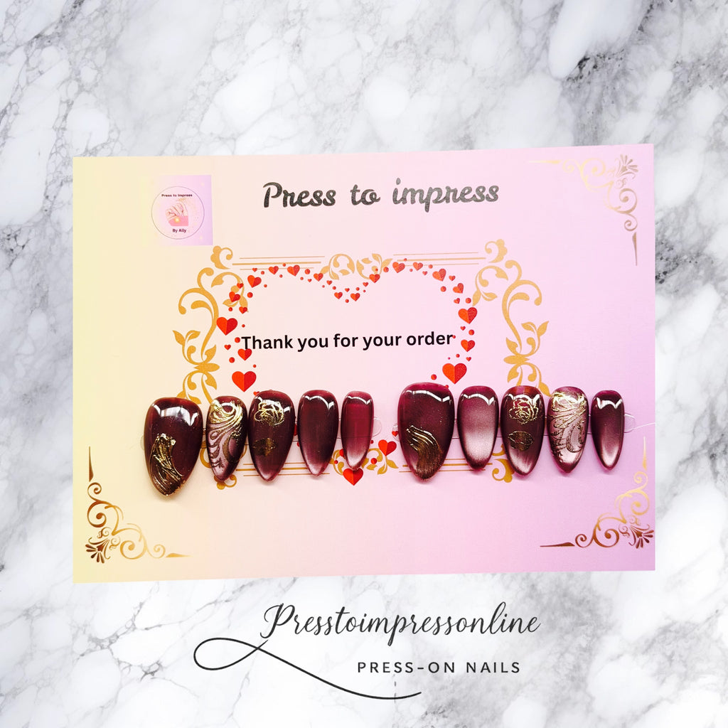 Burgundy Gilded – Luxury Wine Press-On Nails with Gold Art