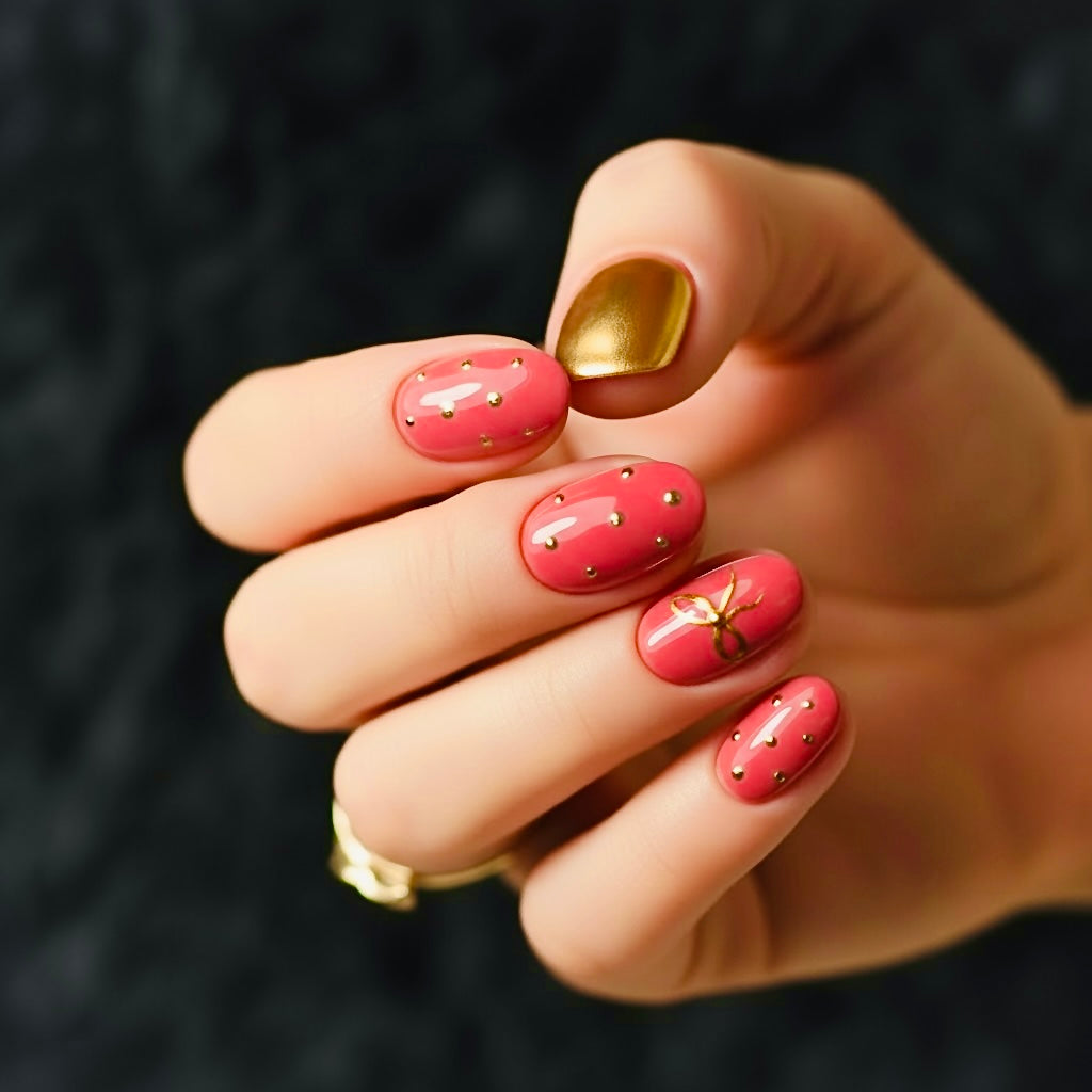 Short round dry rose pink press-on nails with gold stud accents and one metallic gold accent nail.