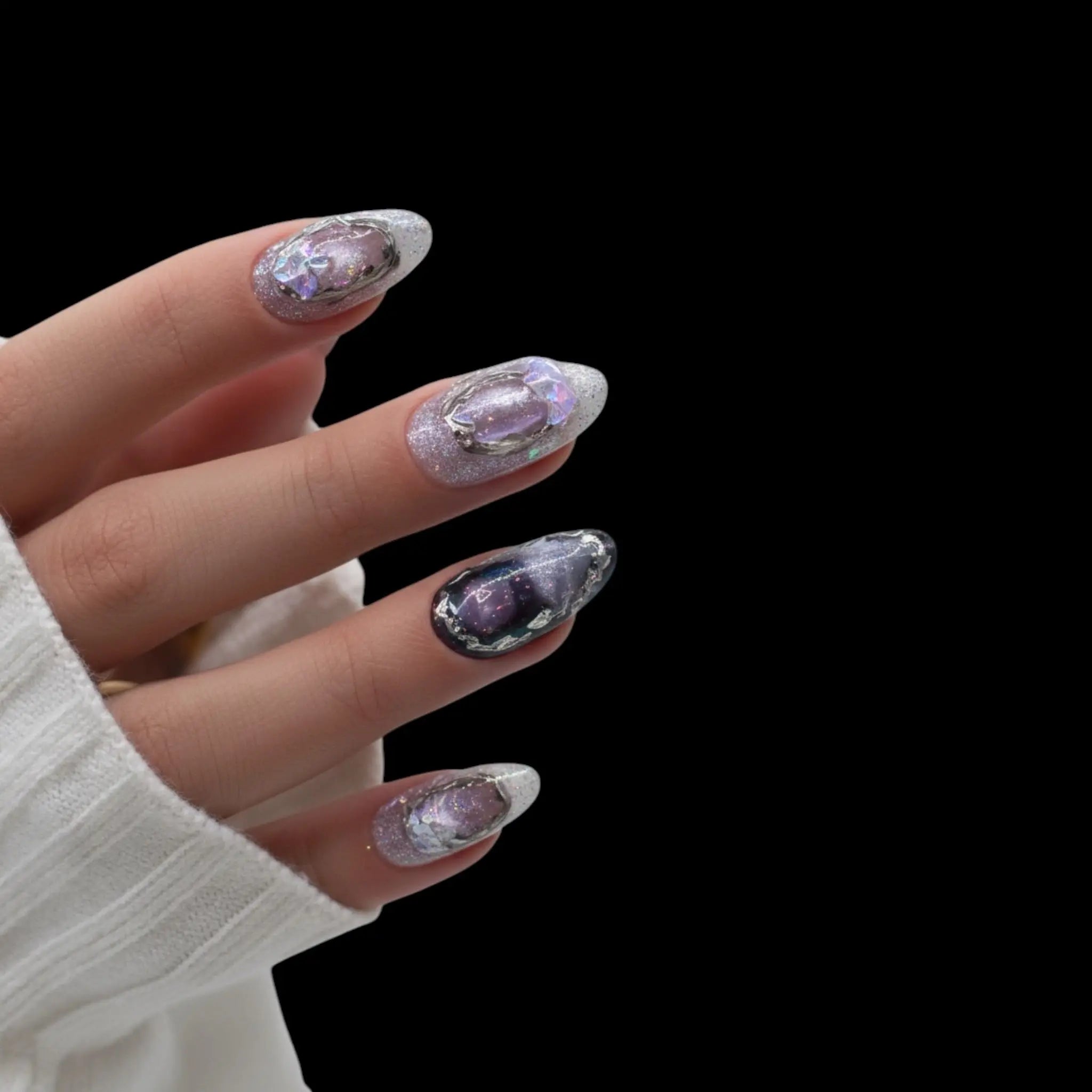 Amethyst  glitter press-on nails with chrome accents and small floral detail, short square shape with glossy finish