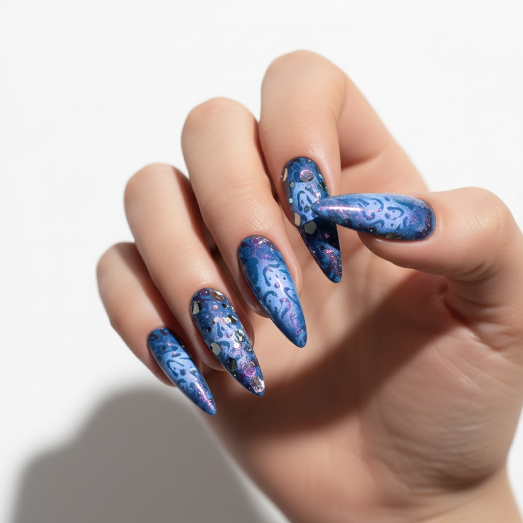 Long stiletto press-on nails in deep blue and violet cat-eye design with sparkling glitter and glossy finish.