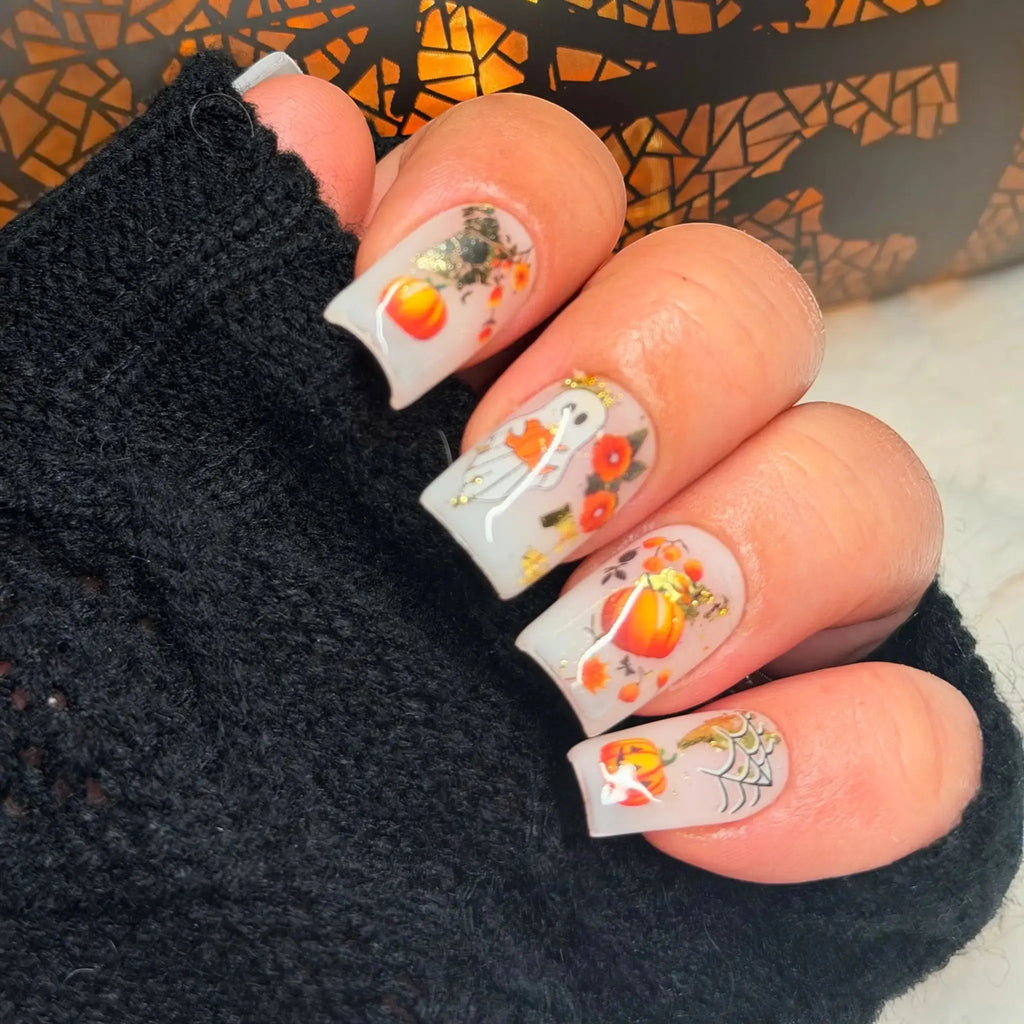 October Story autumn press-on nails with pumpinks,ghost,florals,spiderweb and gold foil details
