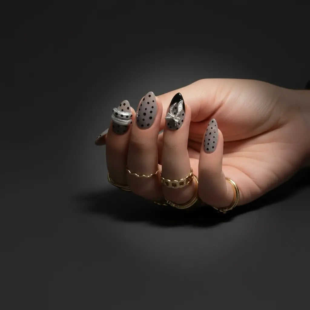 Almond-shaped cat eye press-on nails with black polka dots 