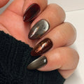 Pressed Autumn handmade press-on nails in deep wine and taupe with magnetic effects and delicate botanical details