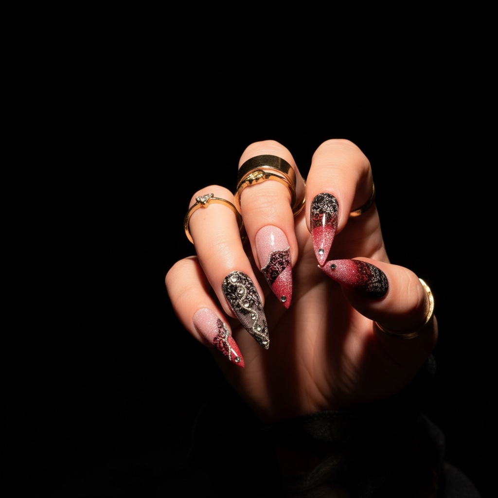 Long deep cherry red stiletto press-on nails with lace detailing