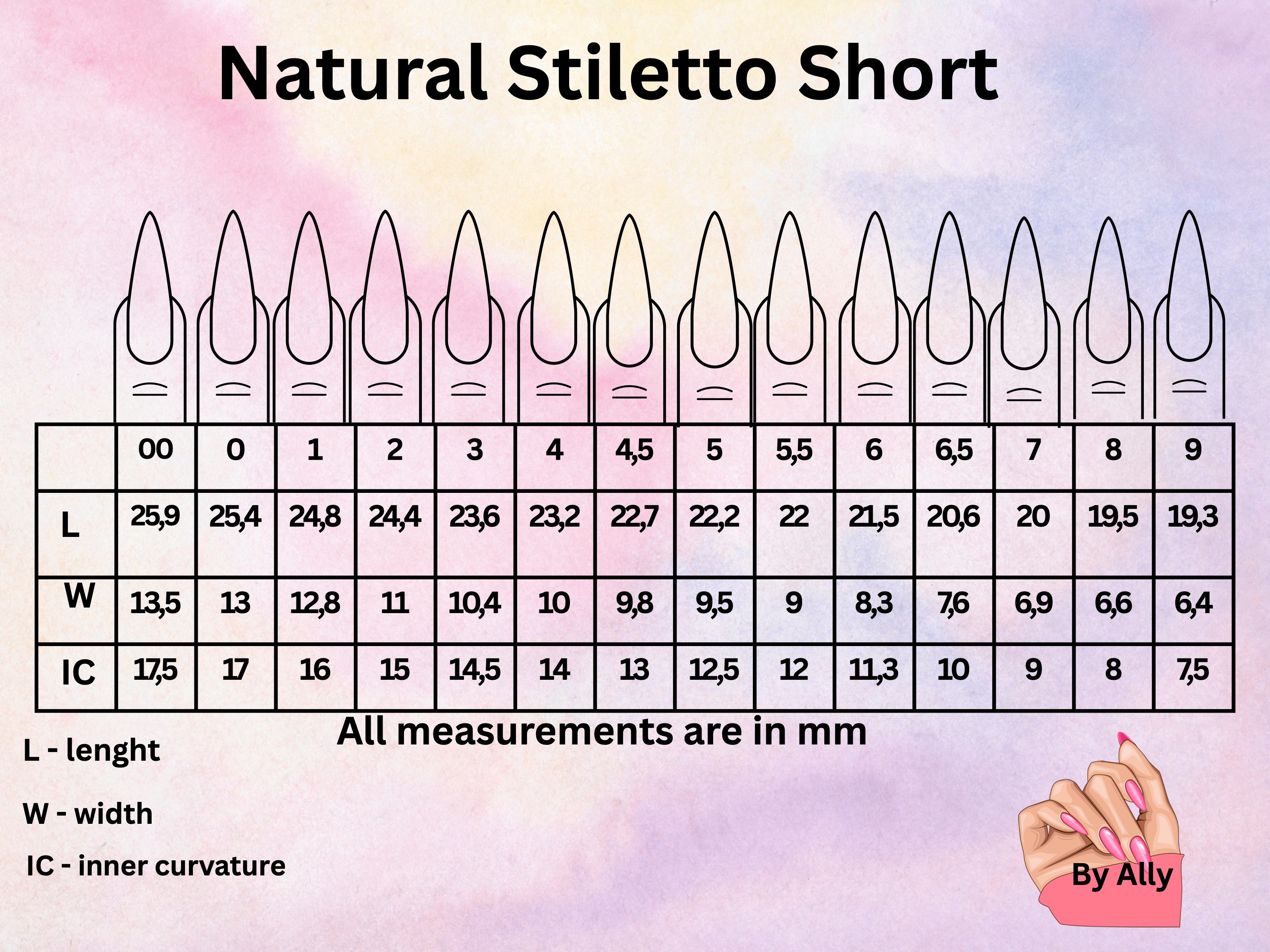 Natural Stiletto Short Sizes