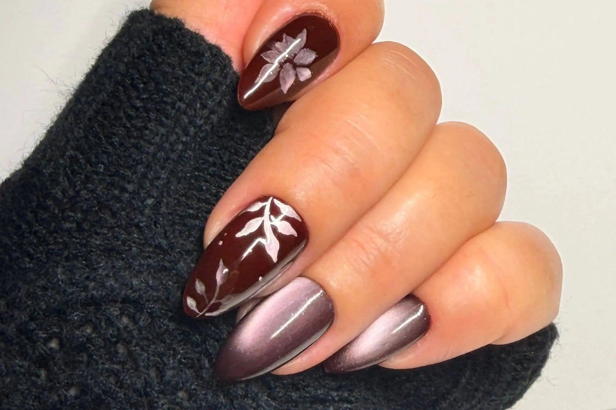 Velvet Botanica handmade burgundy cat-eye press-on nails with magnetic botanical flower and leaf details