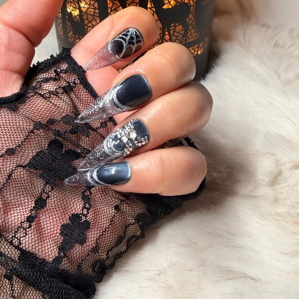 Midnight Web nails with black lace glove and sparkling silver tips
