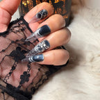 Midnight Web nails with black lace glove and sparkling silver tips