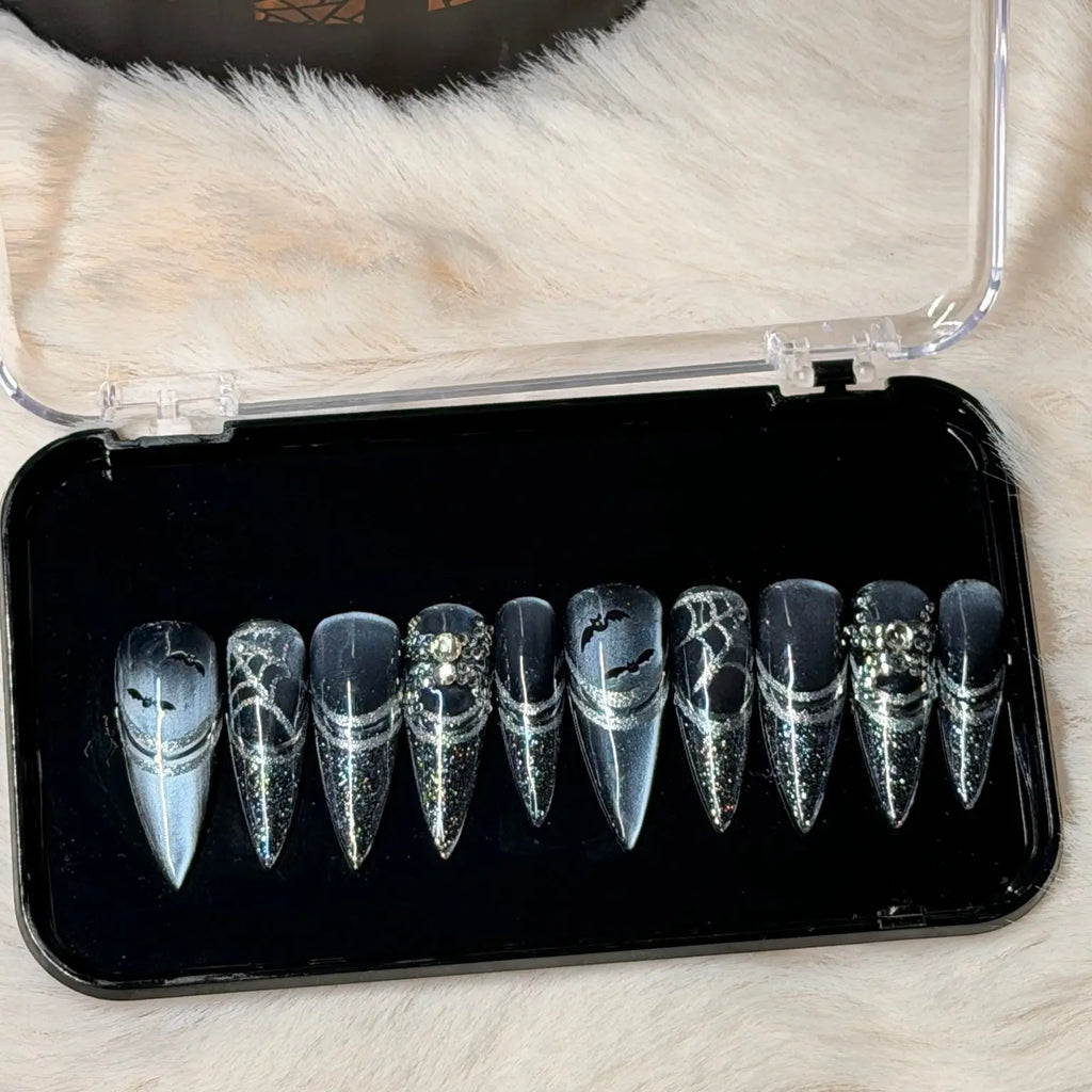 Full Midnight Web handmade press-on nail set in display box
