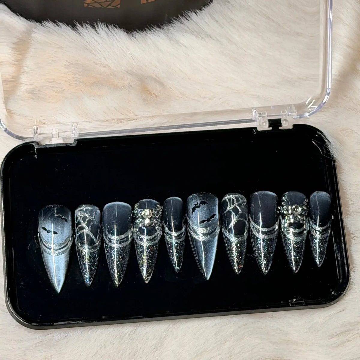 Full Midnight Web handmade press-on nail set in display box