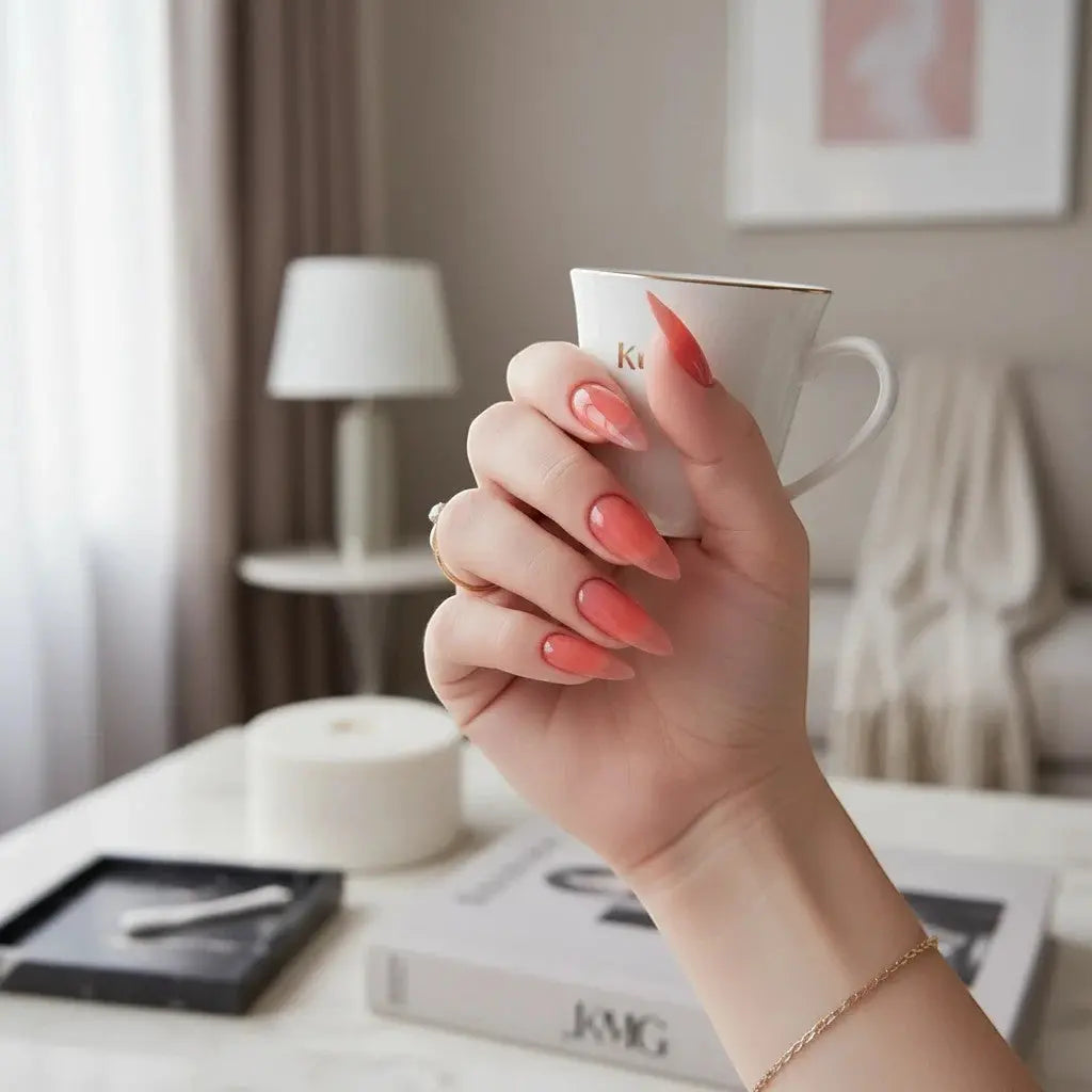 Press to Impress coral-pink almond shape press on nails with a sheer to opaque gradient.