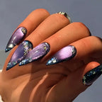 Press to Impress Amethyst Stardust stiletto press-on nails with purple chrome gradient, crystal accents, and galaxy effect.