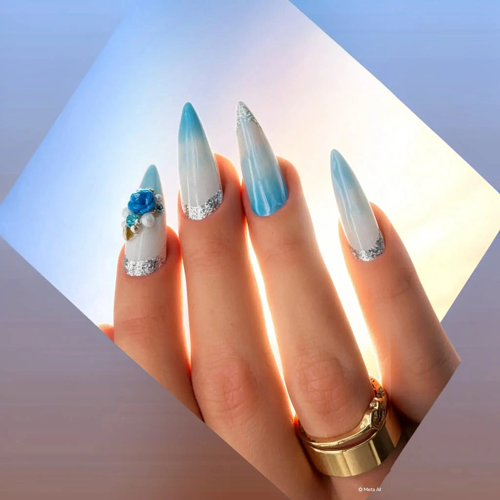 Press to Impress Aruba luxury press-on nails with blue ombre, pearlescent white, 3D floral accents, and silver glitter.