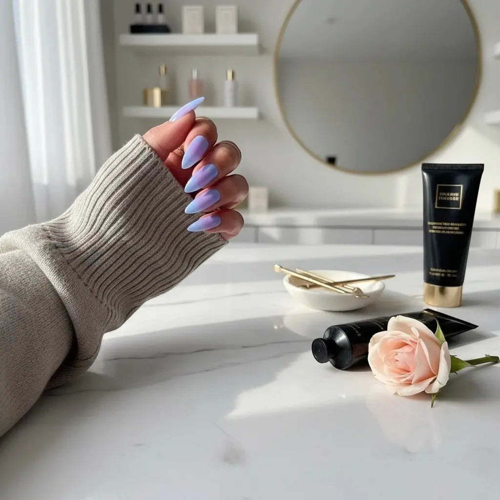Press to Impress Blue Haze stiletto nails with a sky blue and purple gradient, translucent glossy finish.
