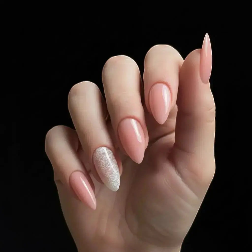 Press to Impress Blush Lace sheer nude stiletto nails with delicate white lace accent