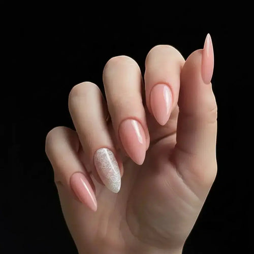 Press to Impress Blush Lace sheer nude stiletto nails with delicate white lace accent