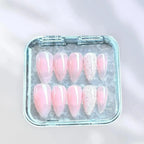 Press to Impress sheer blush nude almond press-on nails with delicate white lace detailing. Romantic and feminine.