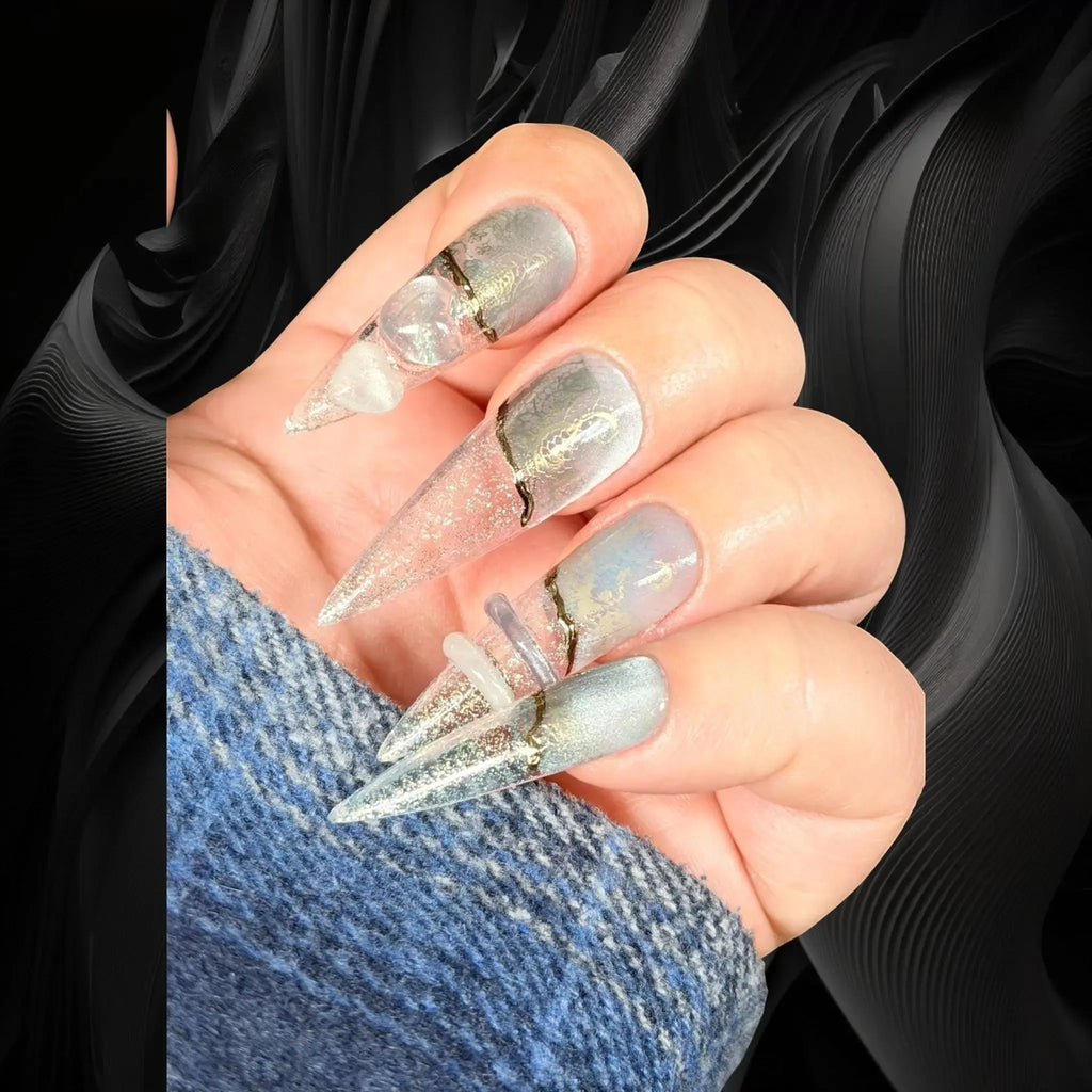 Press to Impress Celestial Shift luxury stiletto press-on nails with cat eye, chrome lace, and 3D heart charms.