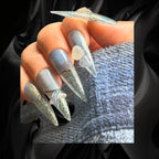 Press to Impress Celestial Shift luxury press-on nails with cat eye, chrome lace, 3D hearts, and glitter on stiletto tips.