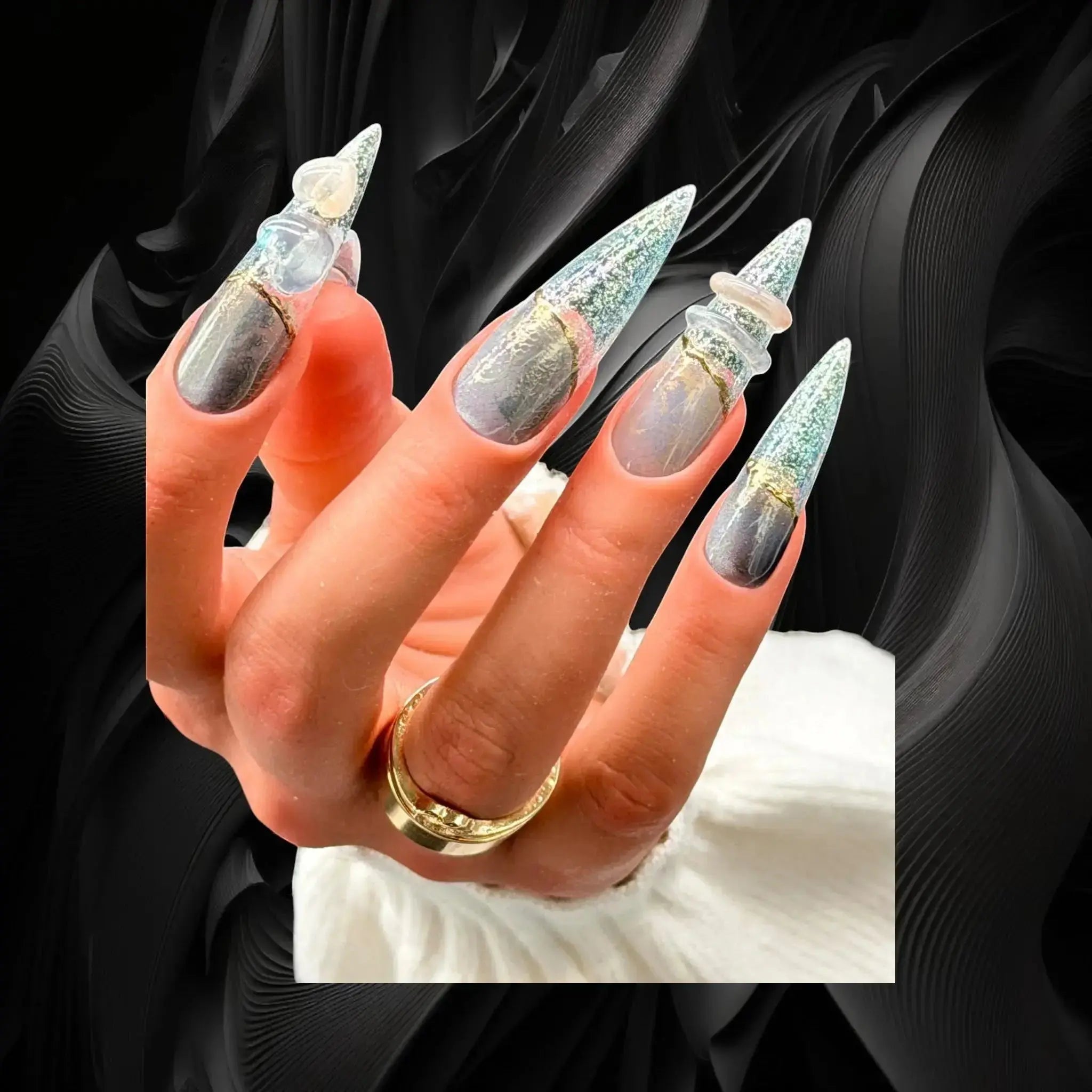 Press to Impress Celestial Shift luxury stiletto press-on nails with cat eye, chrome lace, glitter, and 3D heart charms.