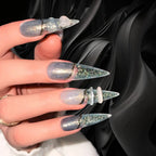 Press to Impress Celestial Shift luxury stiletto press-on nails with cat eye, chrome lace, 3D heart charms, and glitter.