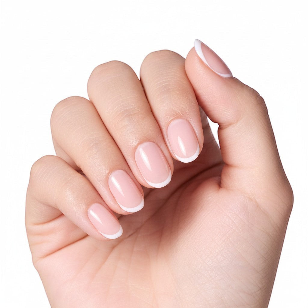 Press to Impress short round reusable French press-on nails in soft pink nude with white tips.