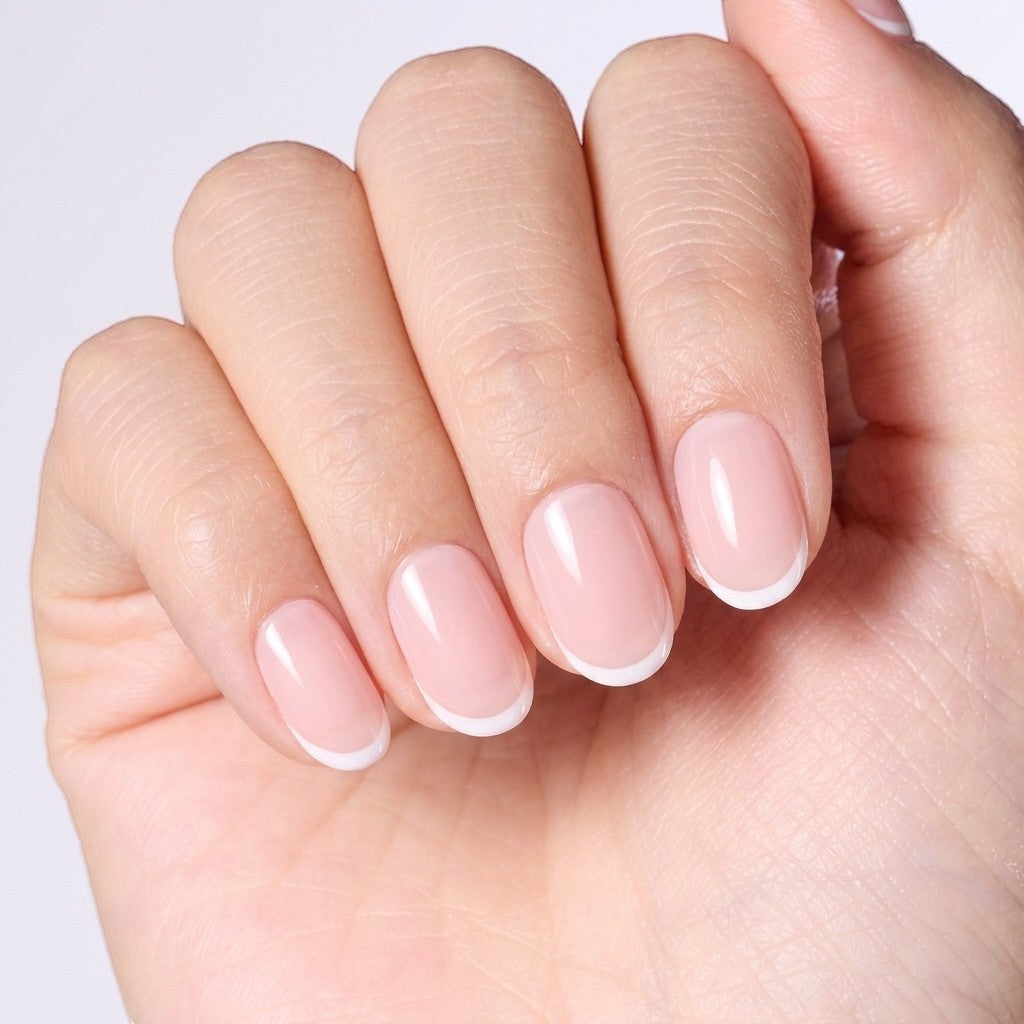 Press to Impress Refined French reusable press-on nails in soft pink nude with white French tips, short round shape.