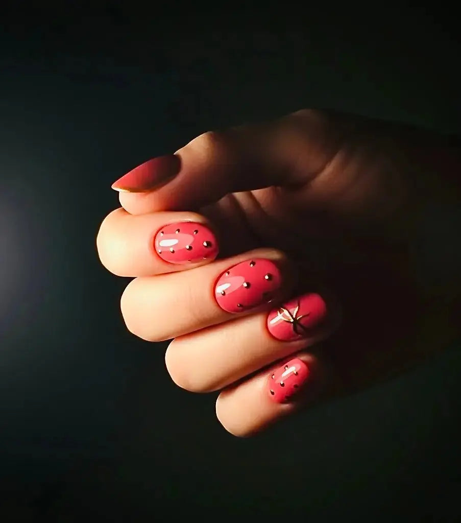Press to Impress Gilded Rose Stud short press-on nails in dry rose pink with gold studs and one accent nail.