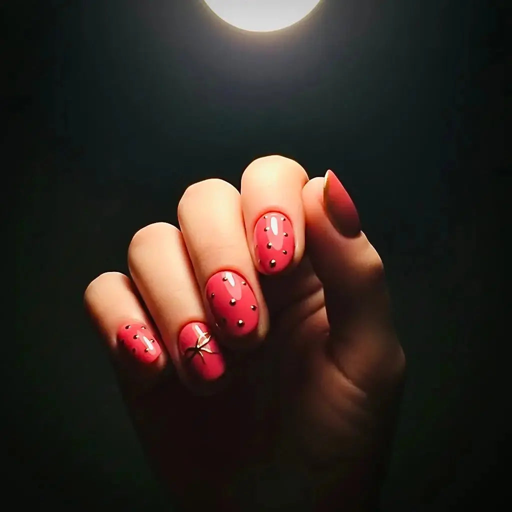 Press to Impress Gilded Rose Stud short round press-on nails in dry rose pink with gold studs and accent nail.