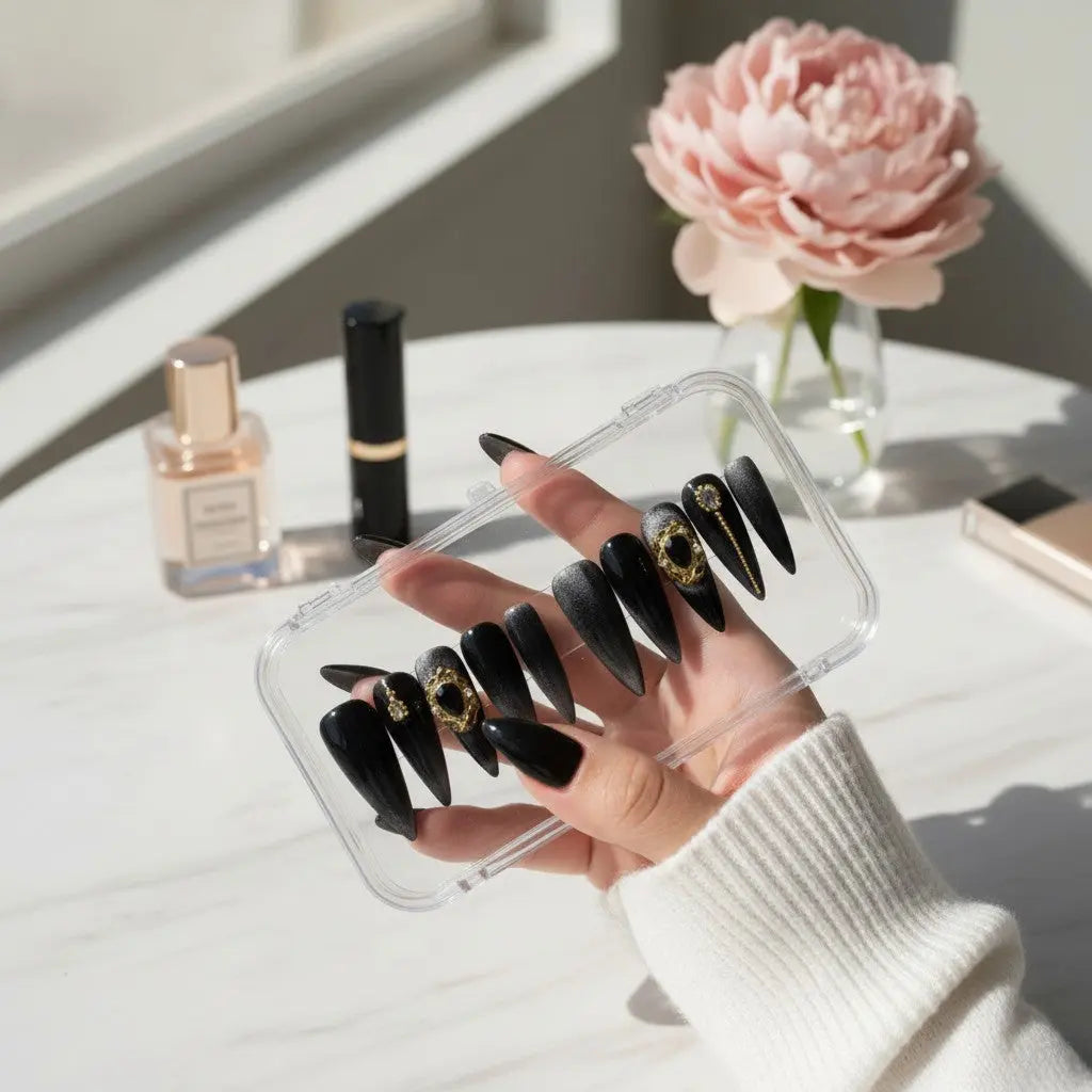 Press to Impress Golden Obsidian luxury press on nails in black with gold accents and cat eye effect. Stiletto shape.