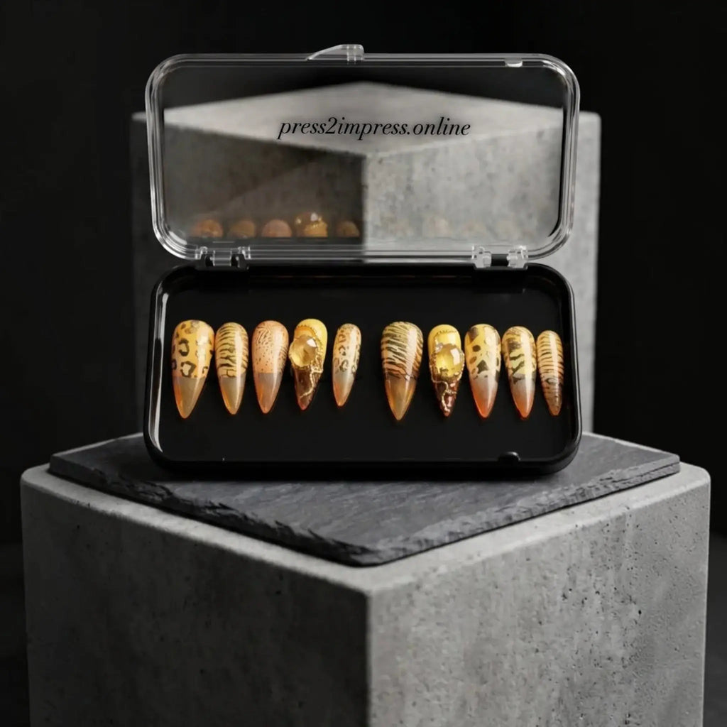 Press to Impress Golden Safari handcrafted press-on nails with amber glass French tips, animal print, and gold accents.