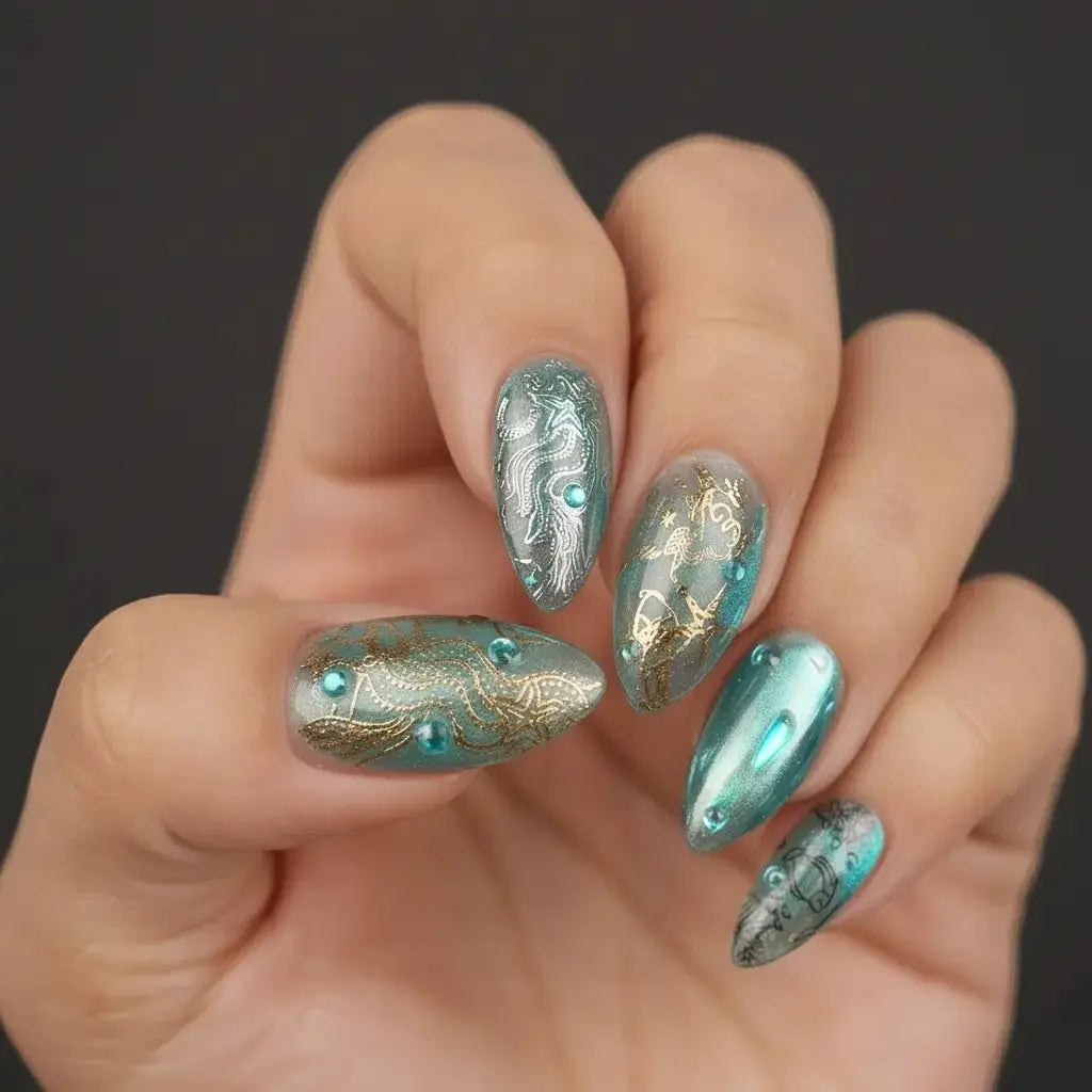 Press to Impress Lost Atlantis luxury press-on nails with seafoam chrome, gold ocean details, and blue gems.