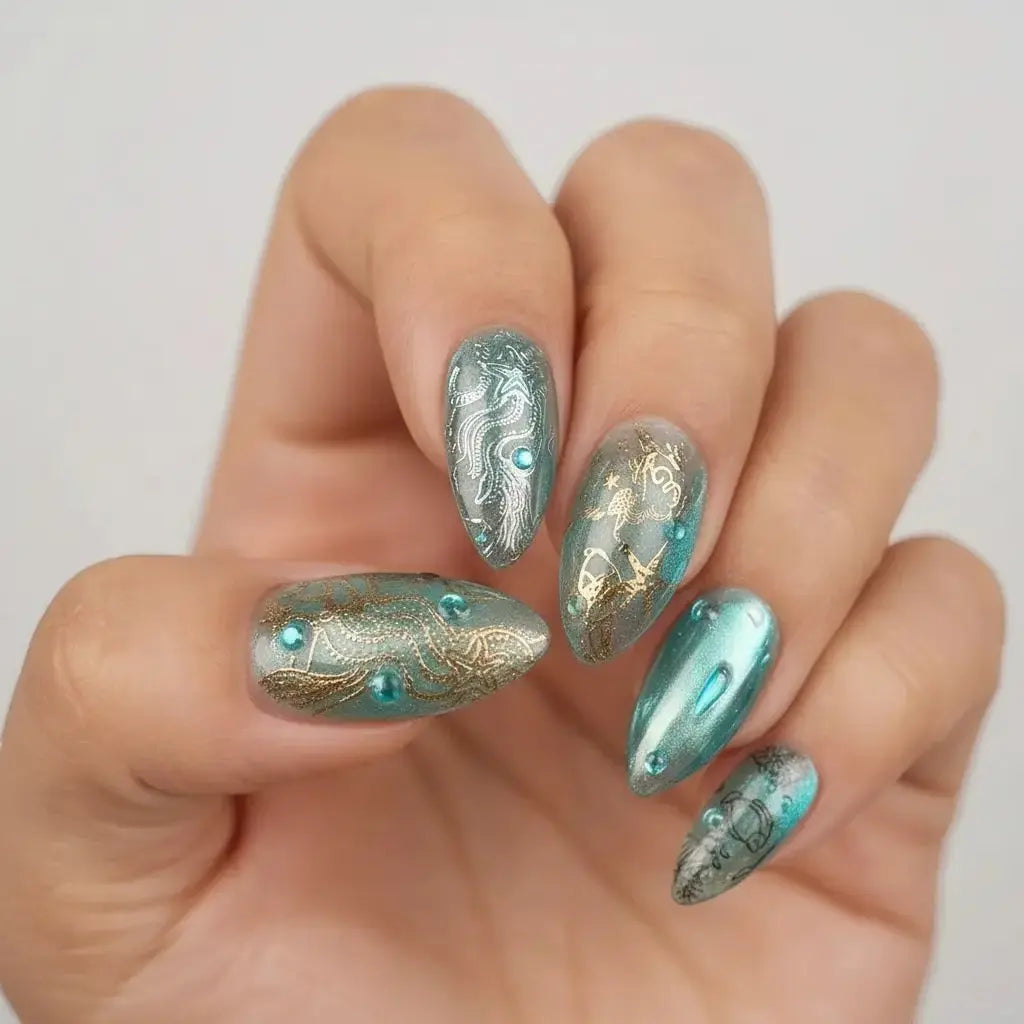 Press to Impress Lost Atlantis luxury press-on nails in seafoam chrome with gold ocean details and blue gems.