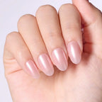 Press to Impress Luminous Silk Glaze short round pink nude pearl chrome press on nails.
