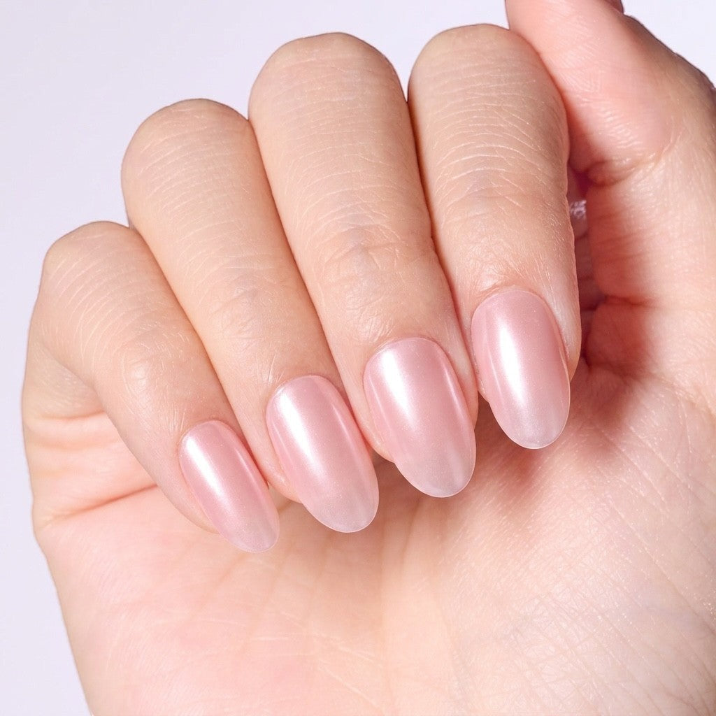 Press to Impress Luminous Silk Glaze short round pink nude pearl chrome press on nails.