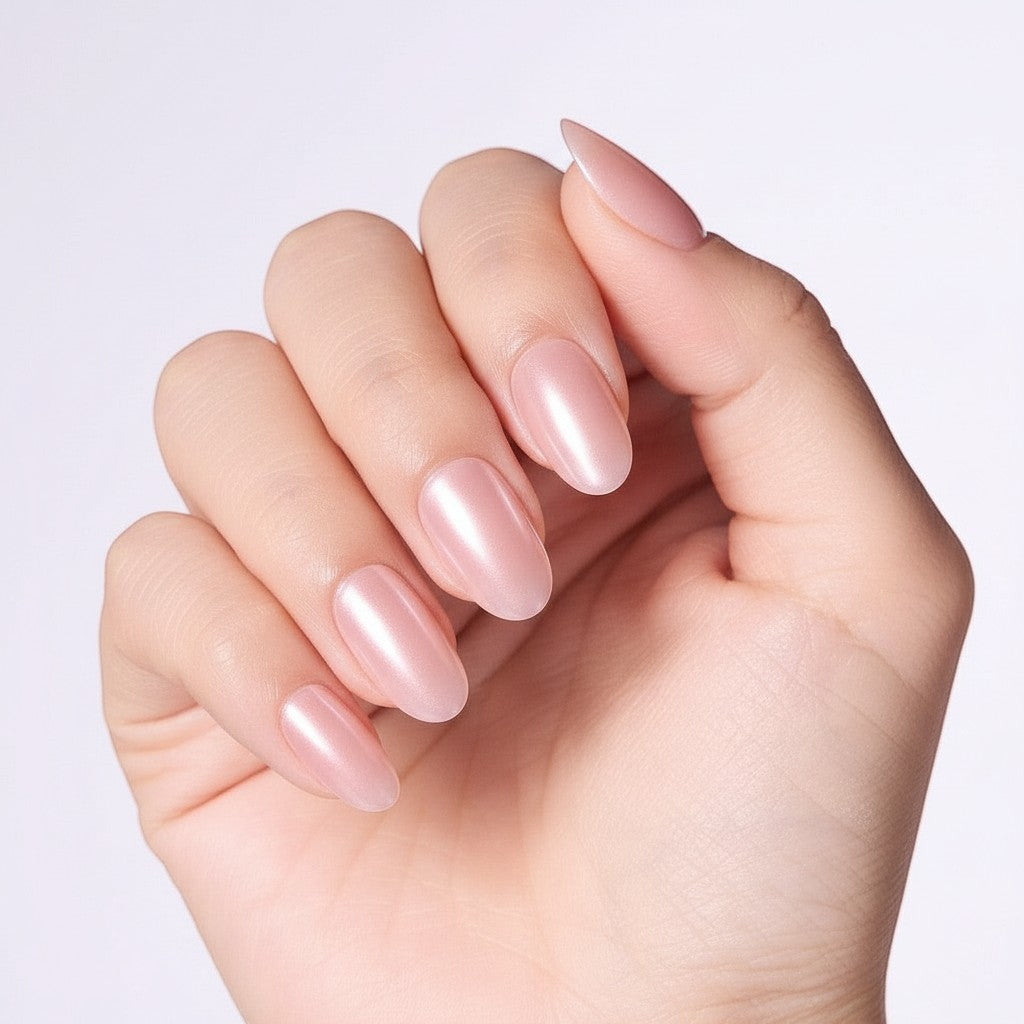 Press to Impress Luminous Silk Glaze short round pearl chrome press on nails in soft pink nude.