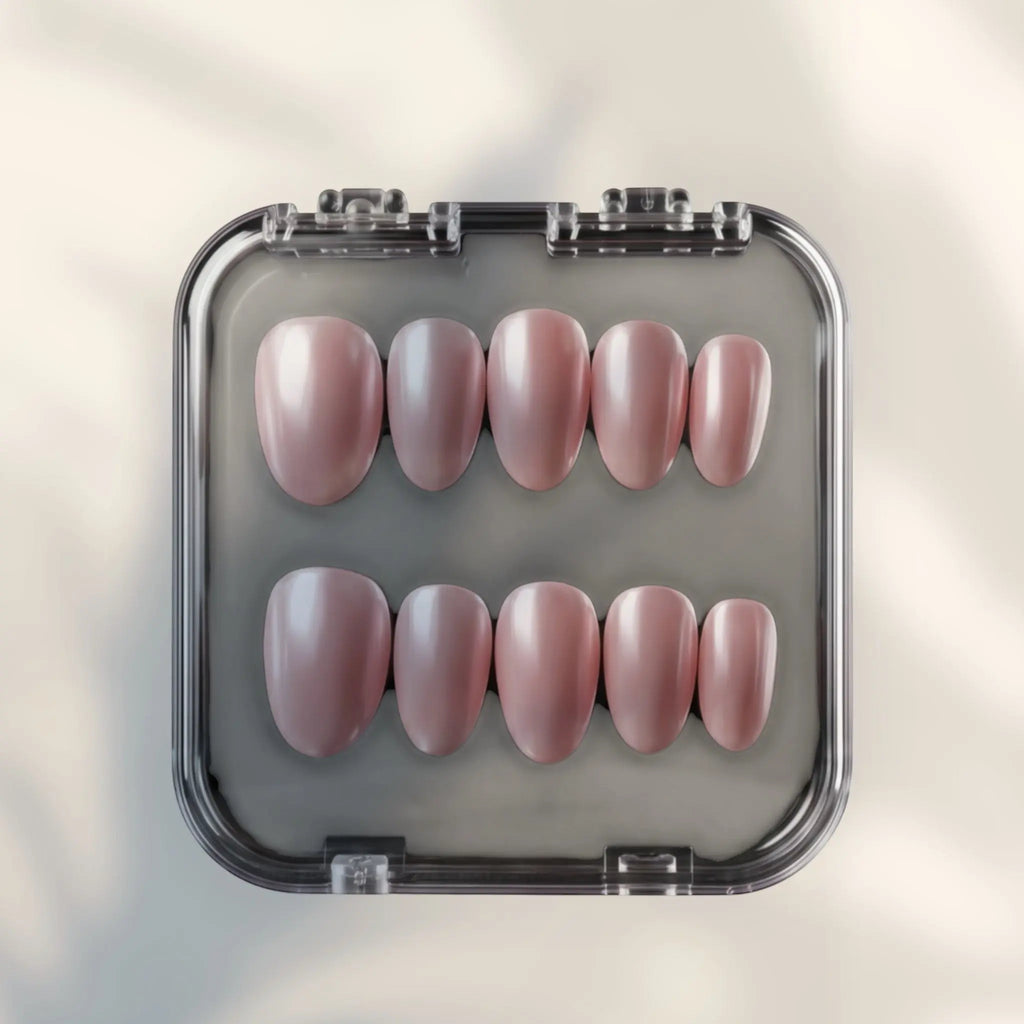 Press to Impress Luminous Silk Glaze short round pink nude pearl chrome press on nails