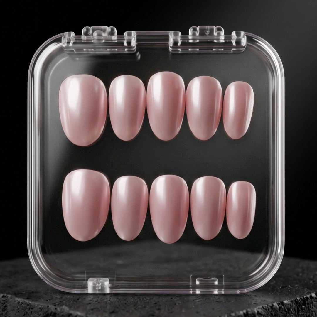 Press to Impress Luminous Silk Glaze short round pink nude pearl chrome press on nails